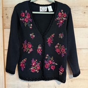 Erika Floral Embroidered Black Button Vneck Cardigan Cottage Feminine Vintage PS